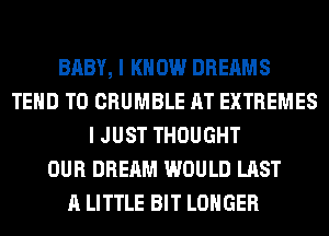 BABY, I KNOW DREAMS
TEHD T0 CRUMBLE AT EXTREMES
I JUST THOUGHT
OUR DREAM WOULD LAST
A LITTLE BIT LONGER