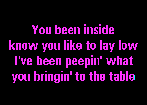 You been inside
know you like to lay low
I've been peepin' what
you hringin' to the table