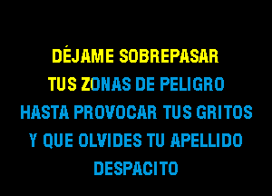 DEJAME SOBREPASAR
TUS ZOHAS DE PELIGRO
HASTA PROVOCAR TUS GRITOS
Y QUE OLVIDES TU APELLIDO
DESPACITO