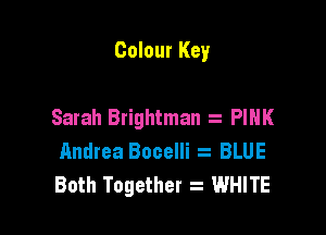 Colour Key

Sarah Brightman PINK
Andrea Bocelli BLUE
Both Together z WHITE