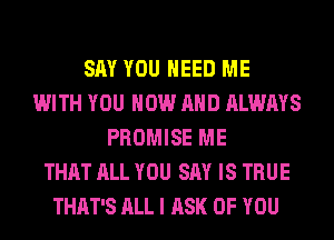 SAY YOU NEED ME
WITH YOU NOW AND ALWAYS
PROMISE ME
THAT ALL YOU SAY IS TRUE
THAT'S ALL I ASK OF YOU