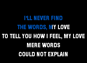 I'LL NEVER FIND
THE WORDS, MY LOVE
TO TELL YOU HOW I FEEL, MY LOVE
MERE WORDS
COULD NOT EXPLAIN