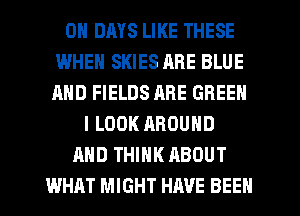 0 DAYS LIKE THESE
WHEN SKIES RRE BLUE
AND FIELDS ARE GREEN

I LOOK AROUND
AND THINK ABOUT
WHAT MIGHT HAVE BEEN