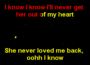 I know I know-l'llunever get
her out of my-hearg

J.

She never loved me back,
oohh I know