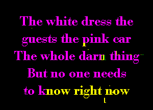 The White dress the
guests the pink ear
The Whole darn thing
But no one needs

to know right now
l