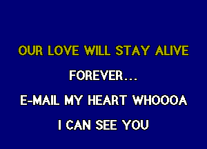 OUR LOVE WILL STAY ALIVE

FOREVER...
E-MAIL MY HEART WHOOOA
I CAN SEE YOU