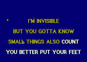 I'M' INVISIBLE

BUT YOU GOTTA KNOW
SMALb THINGS ALSO COUNT
YOU BETTER PUT YOUR FEET