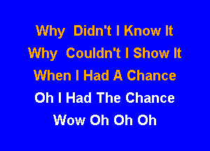 Why Didn't I Know It
Why Couldn't I Show It
When I Had A Chance

Oh I Had The Chance
Wow Oh Oh Oh