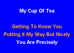 My Cup Of Tea

Getting To Know You
Putting It My Way But Nicely
You Are Precisely