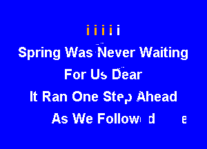 Spring Was Never Waiting

For Us Dear
It Ran One Step Ahead
As We Follow. d e