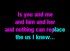 Is you and me
and him and her

and nothing can replace
the us I knew...