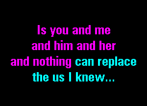 Is you and me
and him and her

and nothing can replace
the us I knew...