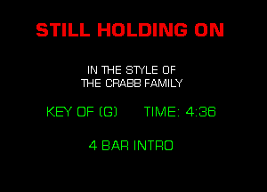 STILL HOLDING ON

IN THE STYLE OF
THE CRABB FAMILY

KEY OF ((31 TIME 4 38

4 BAR INTRO