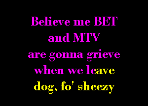 Believe me BET
and MTV

are gonna. grieve

when we leave

dog, fo' sheezy l