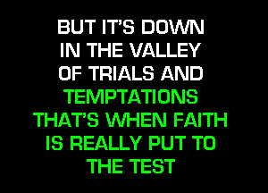 BUT ITS DOWN
IN THE VALLEY
OF TRIALS AND
TEMPTATIONS
THAT'S WHEN FAITH
IS REALLY PUT TO
THE TEST
