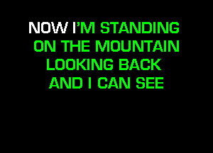 NOW I'M STANDING
ON THE MOUNTAIN
LOOKING BACK

AND I CAN SEE