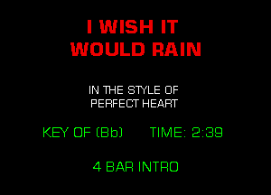 I WISH IT
WOULD RAIN

IN THE STYLE OF
PERFECT HEART

KEY OF EBbl TIME 2139

4 BAR INTRO