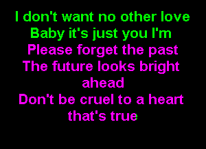 I don't want no other love
Baby it's just you I'm
Please forget the past

The future looks bright
ahead

Don't be cruel to a heart

that's true