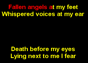 Fallen angels at my feet
Whispered voices at my ear

Death before my eyes
Lying next to me I fear