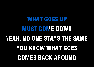 WHAT GOES UP
MUST COME DOWN
YEAH, NO ONE STAYS THE SAME
YOU KNOW WHAT GOES
COMES BACK AROUND