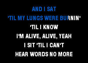 AND I SAT
'TIL MY LUNGS WERE BURHIH'
ITILI KNOW
I'M ALIVE, ALIVE, YEAH
I SIT ITILI CAN'T
HEAR WORDS NO MORE