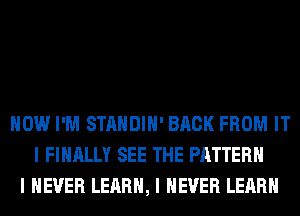 HOW I'M STANDIII' BACK FROM IT
I FINALLY SEE THE PATTERN
I NEVER LEARN, I NEVER LEARN