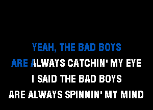 YEAH, THE BAD BOYS

ARE ALWAYS CATCHIH' MY EYE
I SAID THE BAD BOYS

ARE ALWAYS SPIHHIH' MY MIND