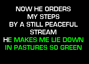 NOW HE ORDERS
MY STEPS
BY A STILL PEACEFUL
STREAM
HE MAKES ME LIE DOWN
IN PASTURES SO GREEN