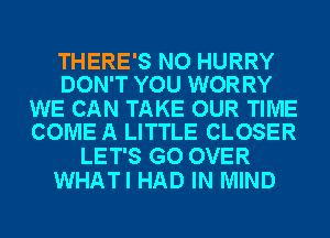 THERE'S NO HURRY
DON'T YOU WORRY

WE CAN TAKE OUR TIME
COME A LITTLE CLOSER

LET'S GO OVER
WHATI HAD IN MIND