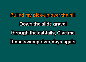 Pulled my pick-up over the hill
Down the slide gravel

through the cat-tails, Give me

those swamp river days again