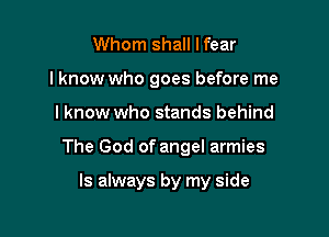Whom shall Ifear
lknow who goes before me

I know who stands behind

The God of angel armies

Is always by my side