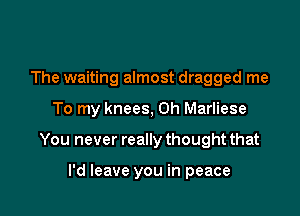 The waiting almost dragged me

To my knees, 0h Marliese

You never really thought that

I'd leave you in peace
