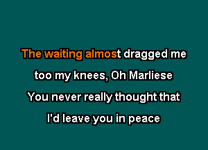 The waiting almost dragged me

too my knees, 0h Marliese

You never really thought that

I'd leave you in peace