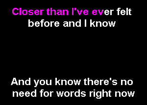 Closer than I've ever felt
before and I know

And you know there's no
need for words right now