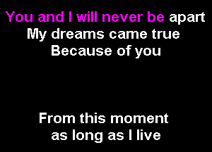 You and I will never be apart
My dreams came true
Because of you

From this moment
as long as I live