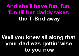 And she'll have fun, fun,
fun till her daddy takes
the T-Bird away

Well you knew all along that
your dad was gettin' wise
to you now