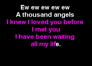 Ew ew ew ew ew
A thousand angels
I knew I loved you before
I met you

I have been waiting
all my life.