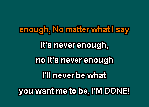 enough, No matter whatl say

It's never enough,
no it's never enough
I'll never be what

you want me to be, I'M DONE!