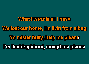 What I wear is all I have
We lost our home, I'm livin from a bag
Yo mister bully, help me please

I'm fleshing blood, accept me please