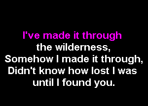I've made it through
the wilderness,
Somehow I made it through,
Didn't know how lost I was
until I found you.