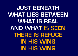 JUST BENEATH
WHAT LIES BETWEEN
WHAT IS REAL
AND WHAT IS SEEN
THERE IS REFUGE
IN HIS WING
IN HIS WING