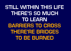 STILL WITHIN THIS LIFE
THERE'S SO MUCH
TO LEARN
BARRIERS TO CROSS
THERERE BRIDGES
TO BE BURNED