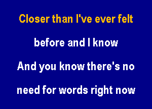 Closer than I've ever felt
before and I know

And you know there's no

need for words right now