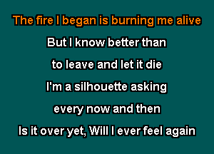 The fire I began is burning me alive
But I know better than
to leave and let it die
I'm a silhouette asking
every now and then

Is it over yet, Will I ever feel again