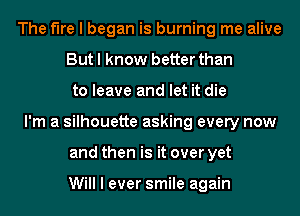 The fire I began is burning me alive
But I know better than
to leave and let it die

I'm a silhouette asking every now
and then is it over yet

Will I ever smile again