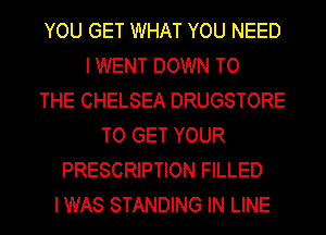 YOU GET WHAT YOU NEED
I WENT DOWN TO
THE CHELSEA DRUGSTORE
TO GET YOUR
PRESCRIPTION FILLED
I WAS STANDING IN LINE