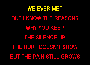 WE EVER MET
BUT I KNOW THE REASONS
WHY YOU KEEP
THE SILENCE UP
THE HURT DOESN'T SHOW
BUT THE PAIN STILL GROWS