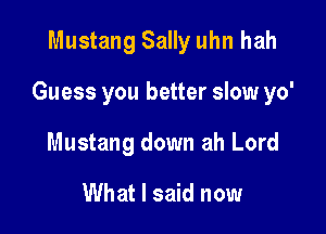 Mustang Sally uhn hah

Guess you better slow yo'

Mustang down ah Lord

What I said now