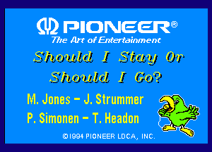 (U) FDIIDNEEW

7715- Art ofEntertdEnment

Shouid I Stay 0T
Should I Go?

M. Jones - J. Strummer o p v
P. Simonen - T. Headun 9

ad- 3x
0I99 PIONEER LUCA, INC