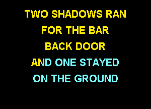 TWO SHADOWS RAN
FOR THE BAR
BACK DOOR

AND ONE STAYED
ON THE GROUND